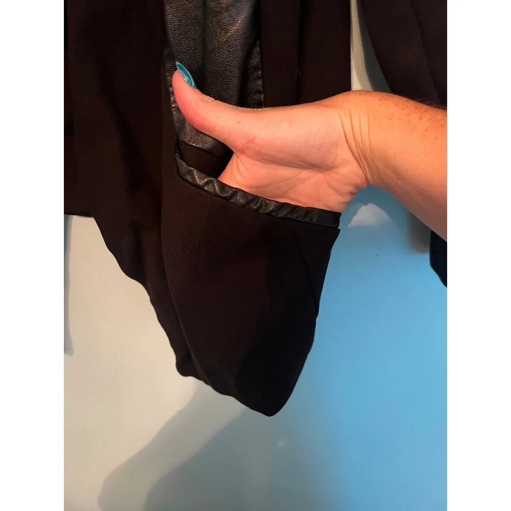 Quiet Luxury Draped Open Jacket Ellerman Black Faux Leather Trim 14
